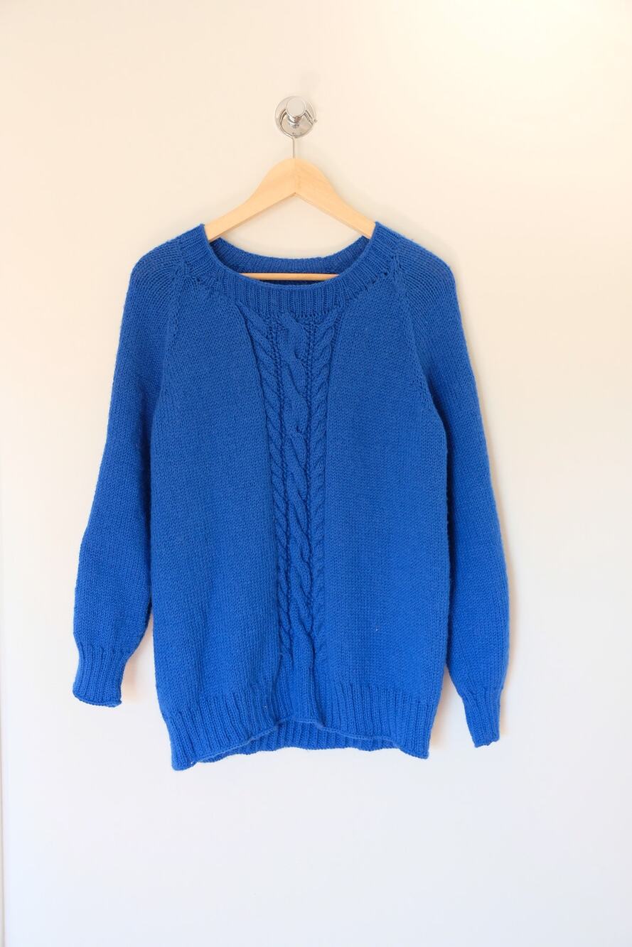 Cobalt Blue Cable Knit Sweater Crew Neck Vintage Cottagecore Fisherman